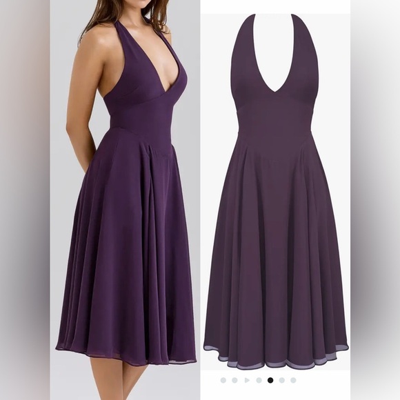 NEW HOUSE OF CB Solada Georgette Halter Grape Purple Dress sz S - Picture 8 of 9